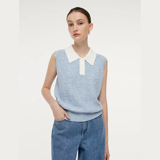 Elegant Tweed-Style Stickad Polo Top