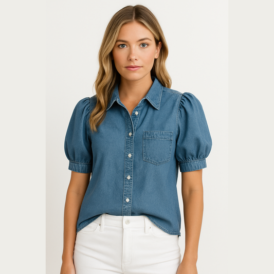 Mila | Puffärm Jeansblus med Bröstficka